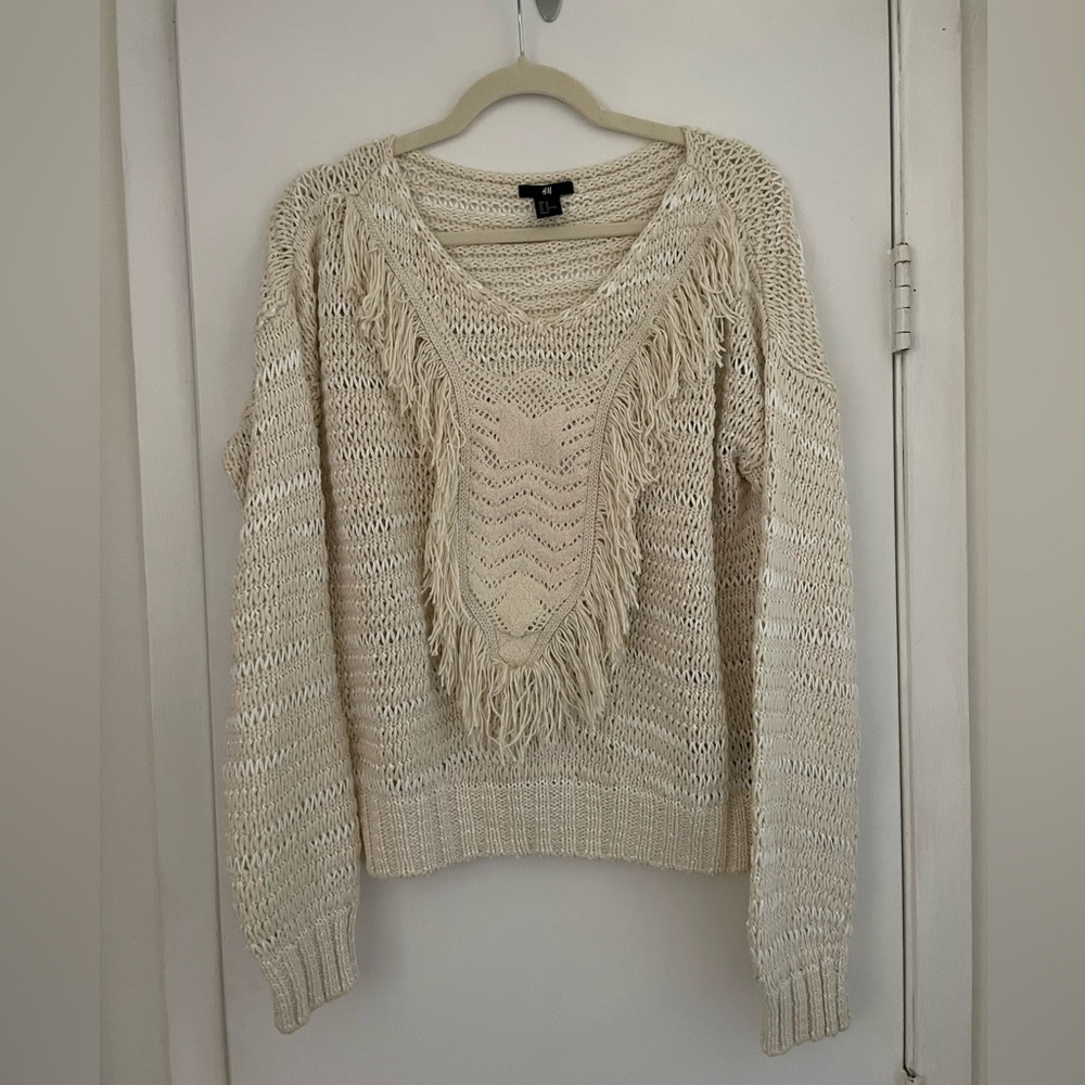 H&M White Cotton Blend Fringe Sweater Medium